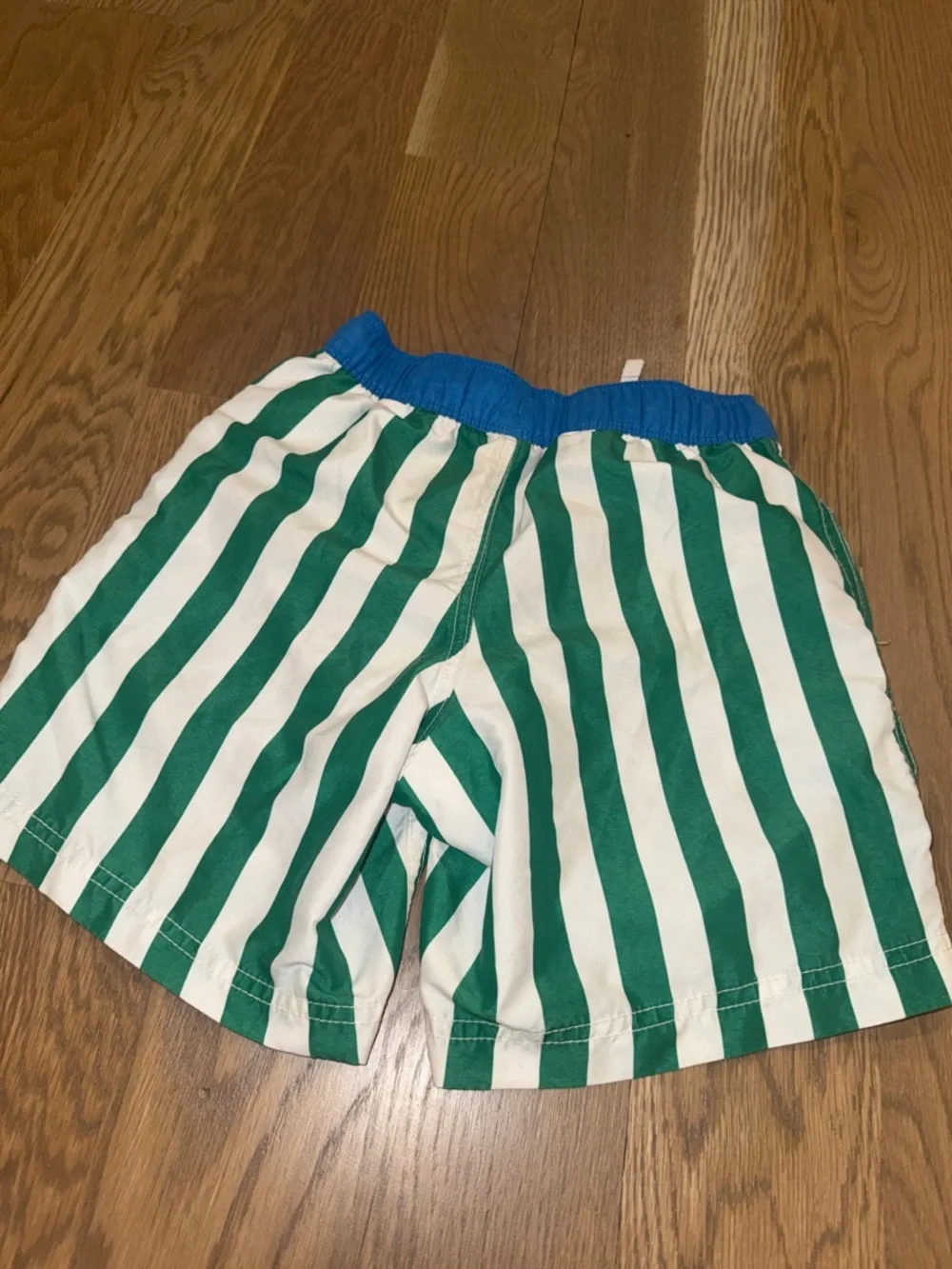 Hanna Andersson Green and White Striped Swim Trunks with Blue Waistband